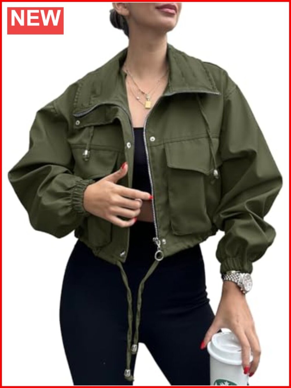 Women's Cropped Zip Up Jacket Lightweight Utility Anorak Oversized